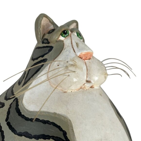 Funny Bones Vicki Thomas Signed 1997 Folk Art Grey White Striped Tabby Cat Gourd - Picture 5 of 13